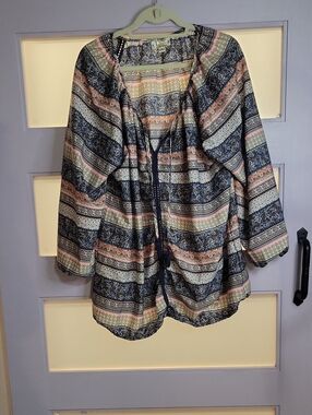 Striped Boho Peasant Tunic in Navy, Coral & Cream - Tanzara